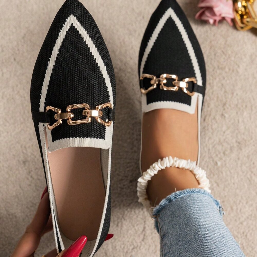 Black Women's Elegant Pointed Toe Gold Button Decor slip on Flats